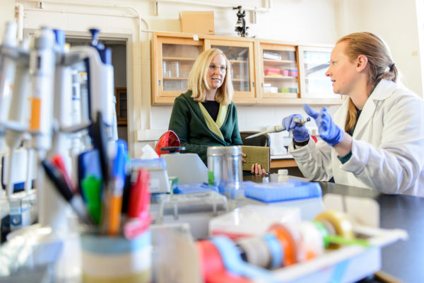 Lauren Riters, professor of zoology, talks with graduate students during a lab review in Birge Hall at the University of Wisconsin-Madison
