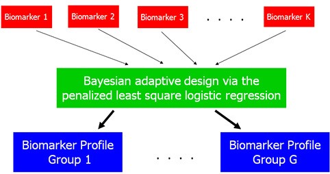 Chart identifying patients who benefit most from a targeted therapy, showing which biomarkers led to which profile group using Bayesian adaptive design bia the penalized least sqaure logistic regression