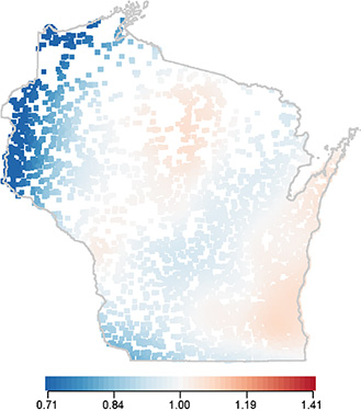 Map of Wisconsin using generalized additive logistic regression model, estimating geographic risk of local odds of breast cancer.