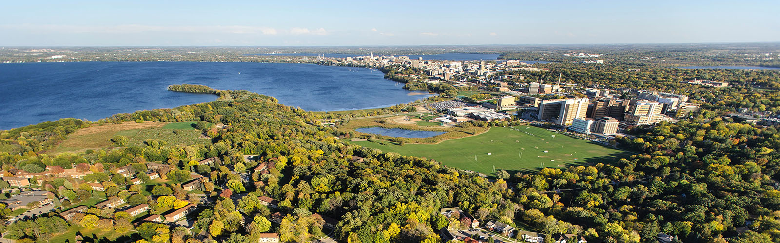 Aerial photo of Eagle Heights and University Houses, Picnic Point, and Lake Mendota