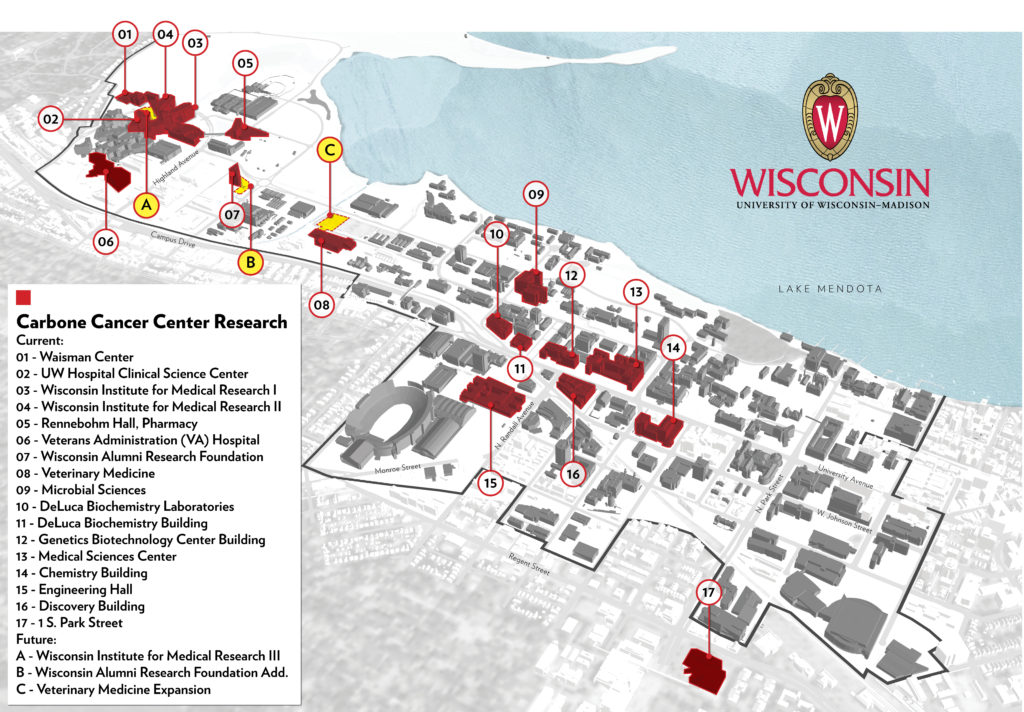 Map of the UW-Madison campus with the 17 Carbone Cancer Center research locations highlighted in red, and 3 future sites highlighted in yellow.