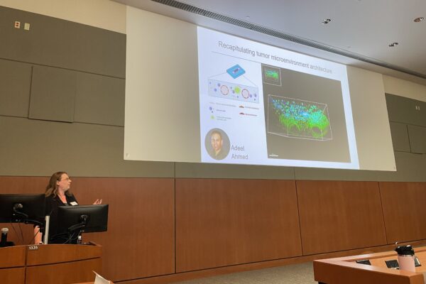 Woman giving research presentation